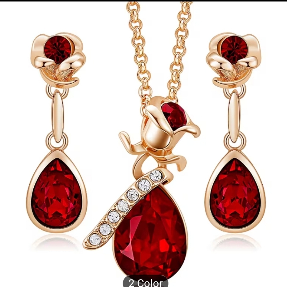 Gold and Red Teardrop Necklace & Earring Set - Elegant Women's Jewelry - Picture 4 of 4